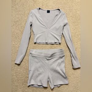 Taupe Cropped Long Sleeve & Biker Short Set